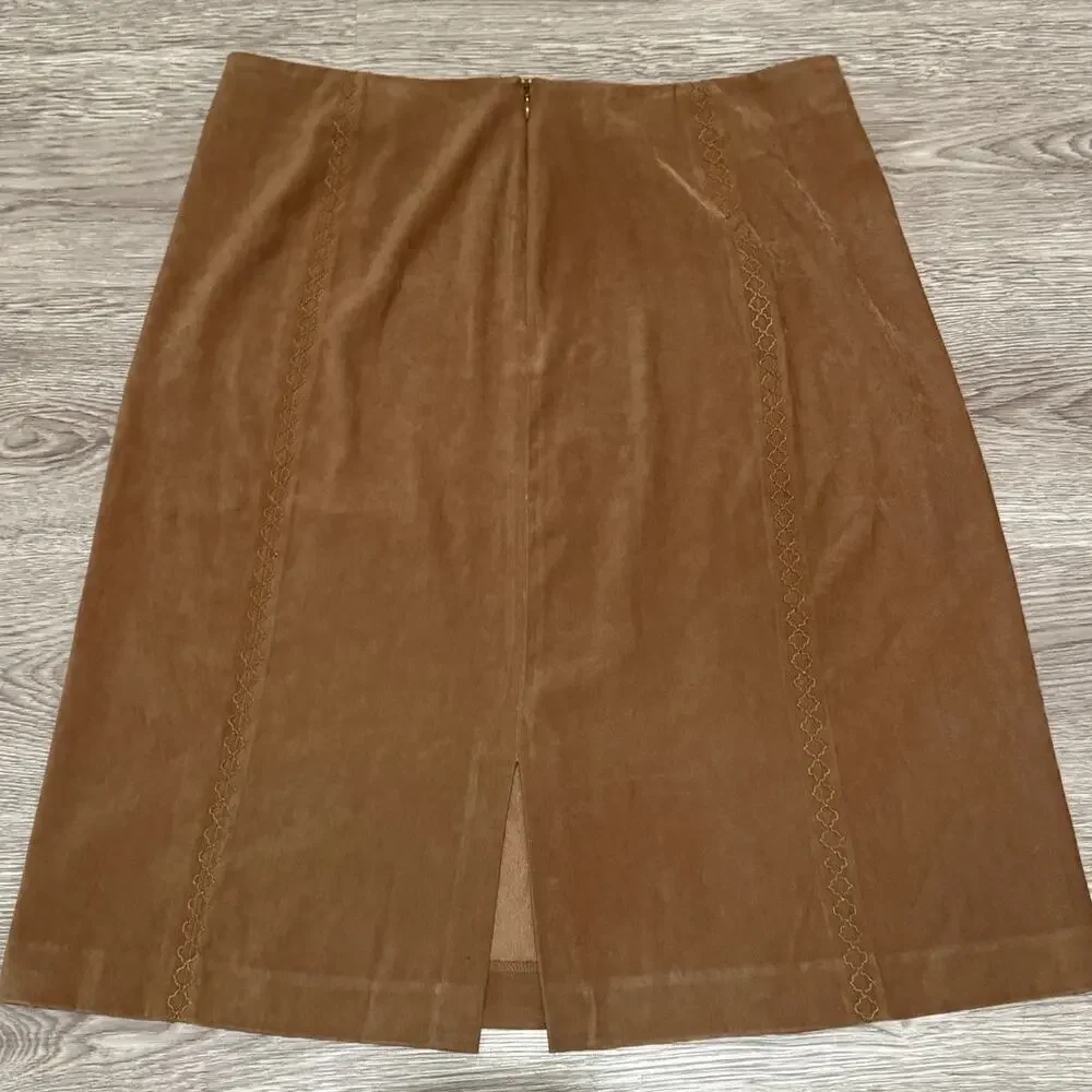 Talbots Vintage 90s Tan A Line Vegan Suede Embroidered Boho Skirt 14 Camel Brown